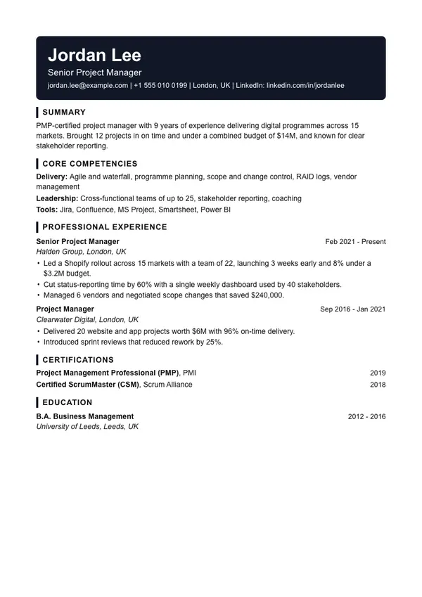 Noir resume template, ATS high, shown with a project manager example