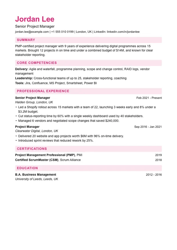 Pastel resume template, ATS high, shown with a project manager example