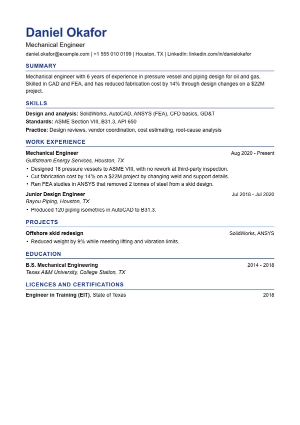 Professional resume template, ATS highest, shown with a mechanical engineer example