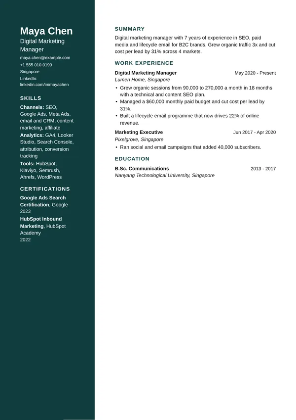 Colour Rail resume template, ATS lower, shown with a marketing manager example