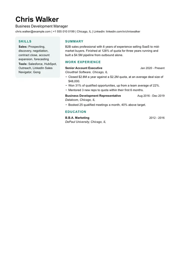 Sidebar resume template, ATS lower, shown with a sales manager example