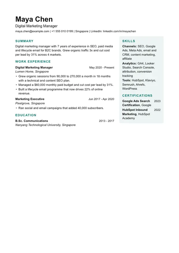 Sidebar Right resume template, ATS lower, shown with a marketing manager example