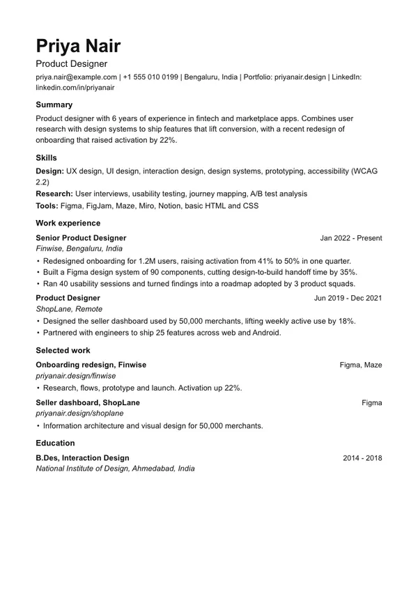 Simple resume template, ATS highest, shown with a ux and ui designer example