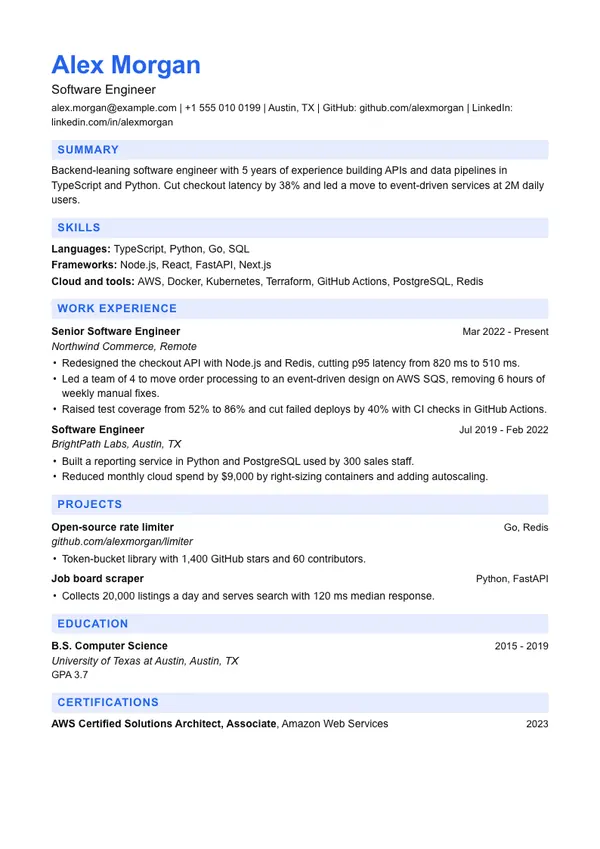Startup resume template, ATS high, shown with a software engineer example