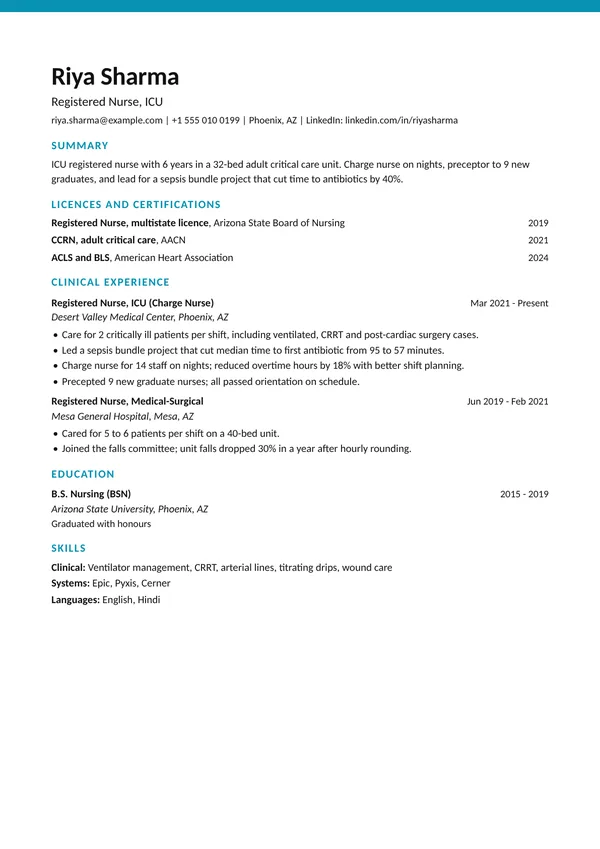 Top Stripe resume template, ATS highest, shown with a nurse example
