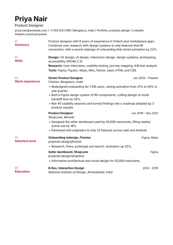 Swiss Gutter resume template, ATS high, shown with a ux and ui designer example