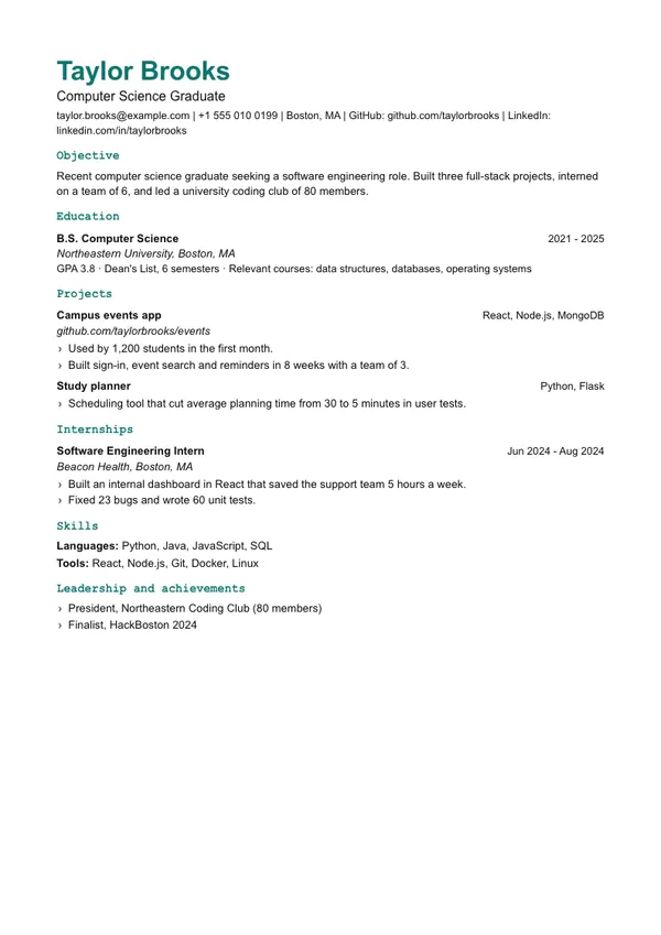 Tech resume template, ATS high, shown with a graduate example
