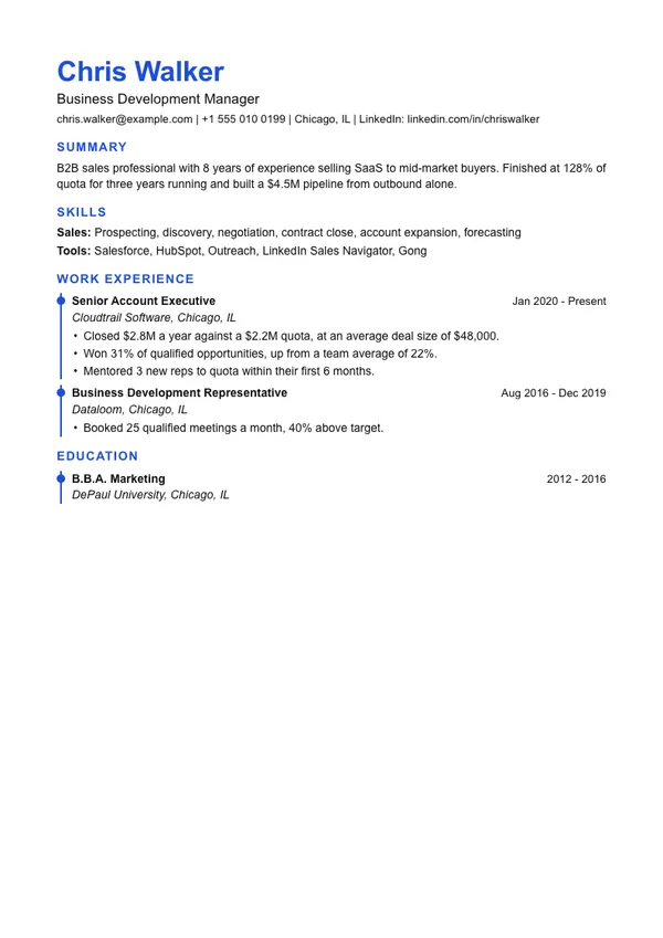 Timeline resume template, ATS high, shown with a sales manager example