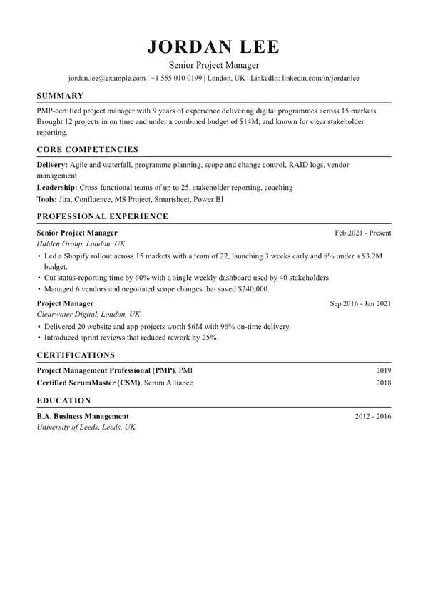 Traditional resume template, ATS highest, shown with a project manager example