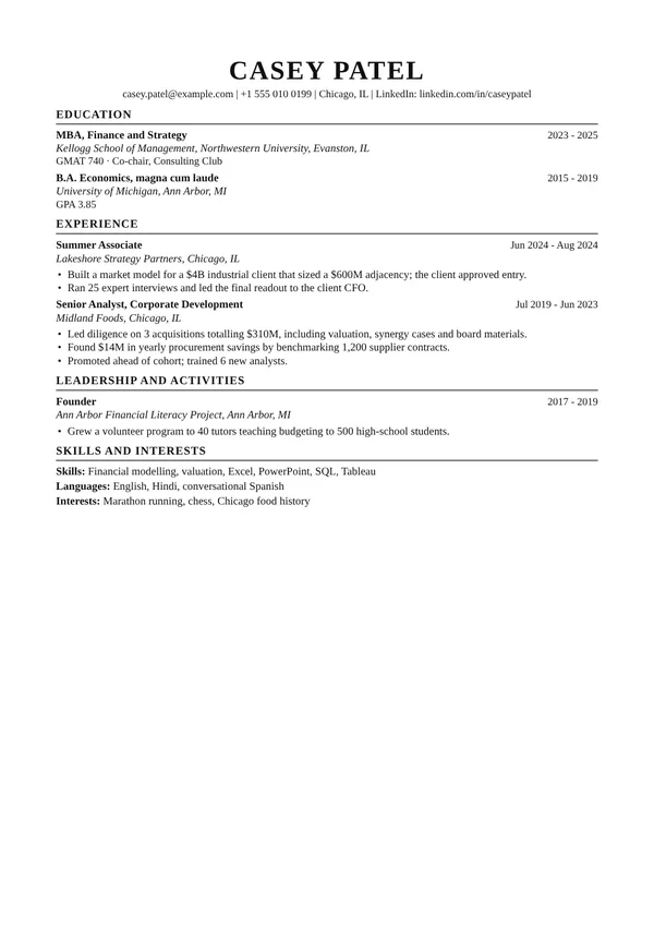 Wall Street resume template, ATS highest, shown with a consulting and finance example
