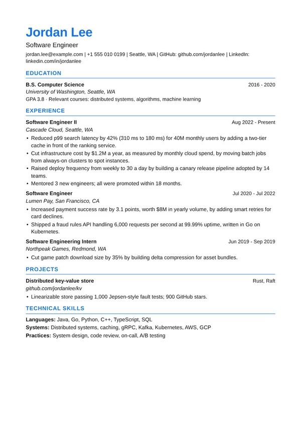 Google XYZ resume template, ATS highest, shown with a big tech software engineer example